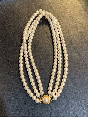 Classic Triple-Strand Pearl Necklace with Gold-Tone Clasp